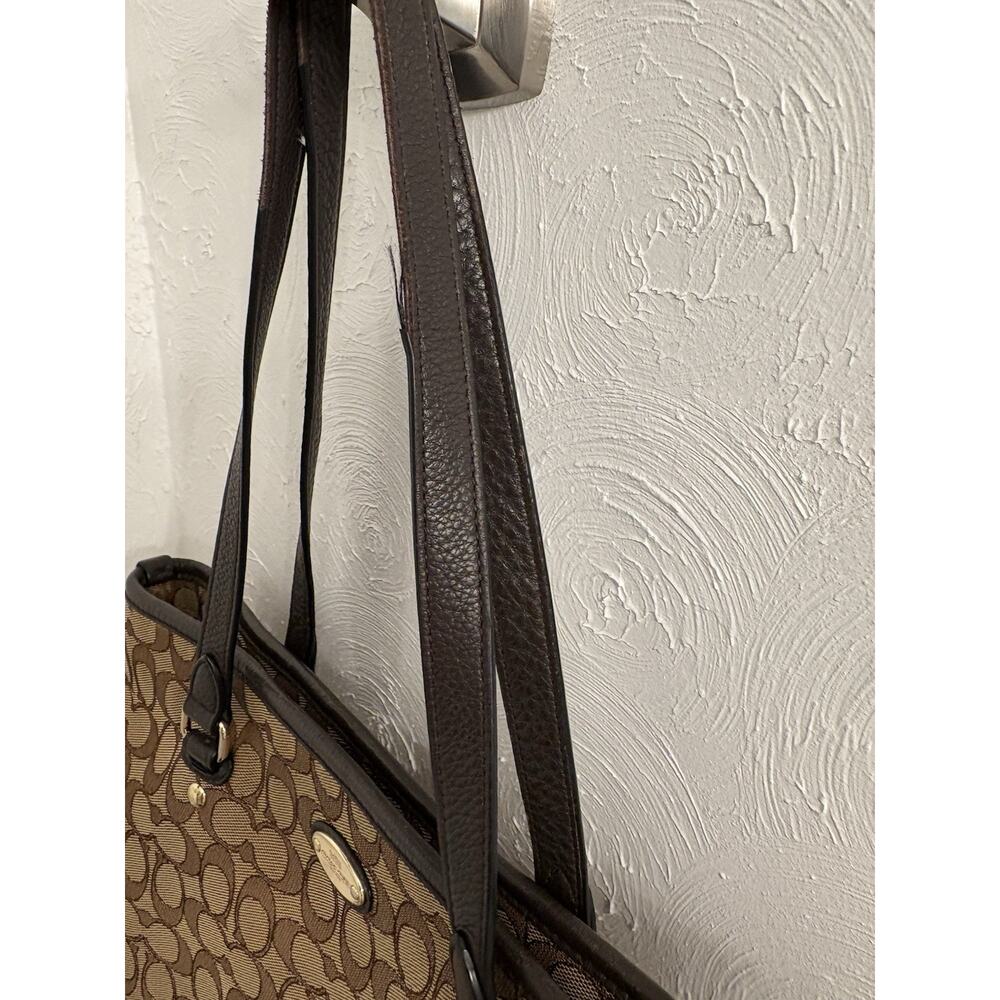 Coach Signature Jacquard Tote Bag Khaki Brown Leather Trim Gold Hardware 11x14x5 - Picture 6 of 14